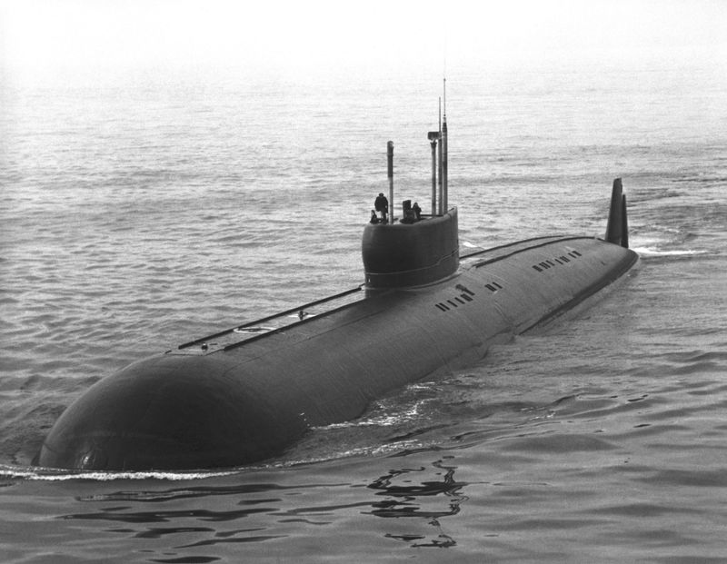 A port bow view of a Soviet Papa class cruise missile submarine underway.