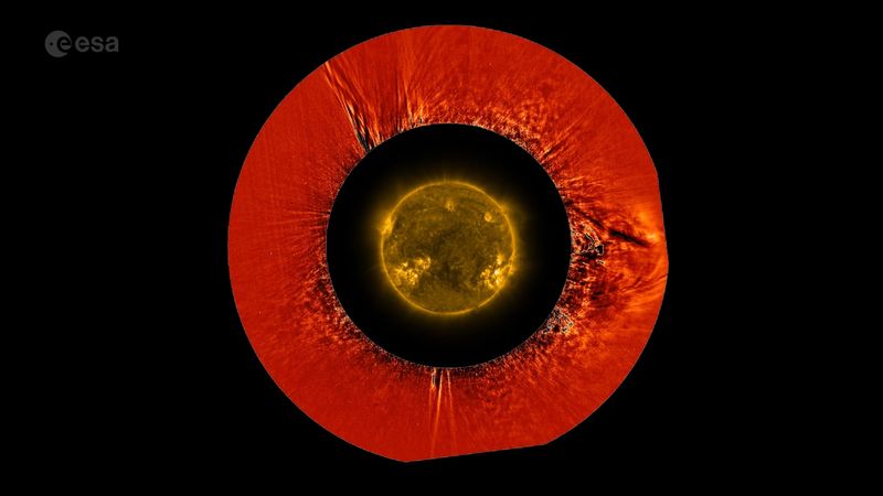 Two concentric circles. In the middle one a view of the Sun in extreme ultraviole. IN the ring around it, the subtle and turbulent motion of the solar wind, strands of it move in chaotic ways away from the Sun.