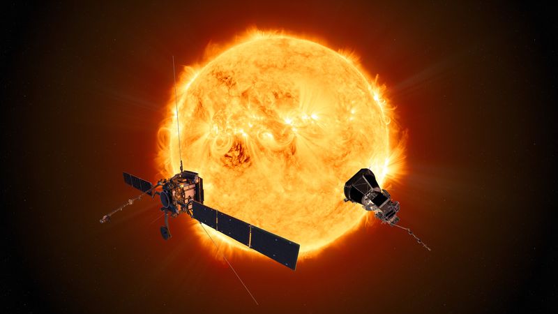 Artist render shows the Sun in the middle with a 3D graphic of the two probes at either side 