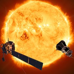 Artist render shows the Sun in the middle with a 3D graphic of the two probes at either side 