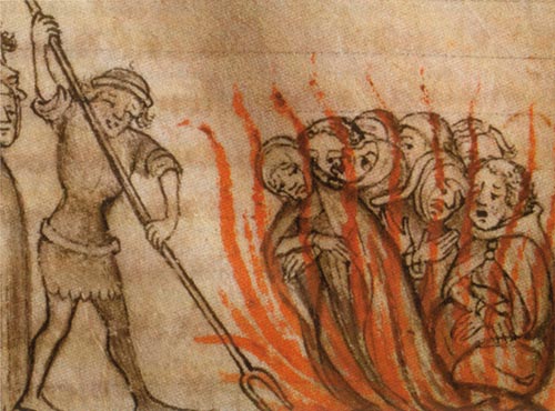 A medieval illustration showing group of templars (on the right) being burnt to death. Their ink drawn bodies are covered by long orange markings that represent the flames. To the left of the image a surprisingly happy man with a long fork appears to be stoking the fire. 