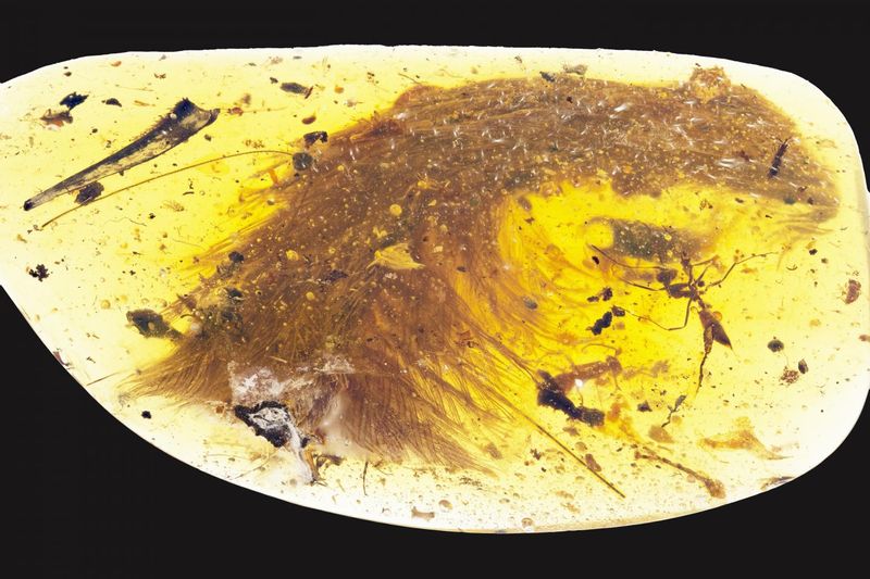 The tip of a feathered dinosaur tail preserved in 99-million-year-old amber