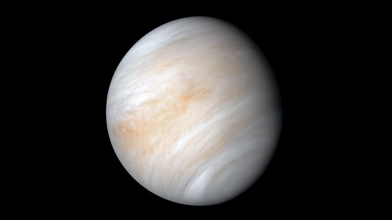 The venusian atmosphere and its clouds cover the whole planet giving it a swirly texutre