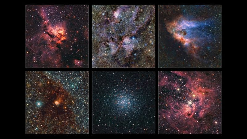 Here we see, from left to right and top to bottom: NGC 3576, NGC 6357, Messier 17, NGC 6188, Messier 22 and NGC 3603. All of them are clouds of gas and dust where stars are forming, except Messier 22, which is a very dense group of old stars. The other are wispy clouds of gas with bright stars embedded between them.