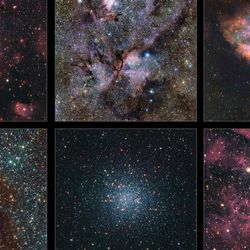 Here we see, from left to right and top to bottom: NGC 3576, NGC 6357, Messier 17, NGC 6188, Messier 22 and NGC 3603. All of them are clouds of gas and dust where stars are forming, except Messier 22, which is a very dense group of old stars. The other are wispy clouds of gas with bright stars embedded between them.