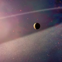 Artist impression showing a white dwarf, a comet falling into it, a planet, and an asteroid belt