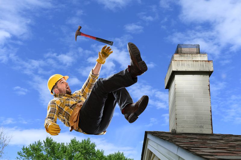 Worker wearing a hard hat falling off a roof