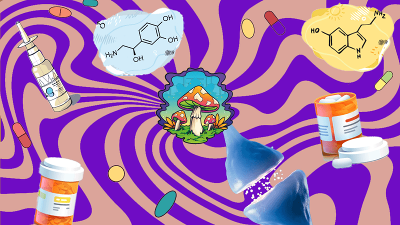 trippy purple and brown background with a psychedelic cartoon mushroom in the middle, surrounded by different-coloured pills, the chemical structures of serotonin and norepinephrine, a nasal spray, a blue 3D rendering of a synapse, and orange pill bottles