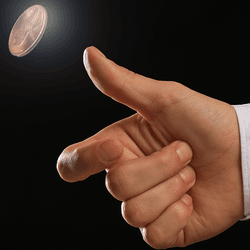 A hand flipping a coin.