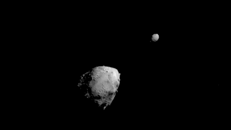 The two asteroids are visible in this image. Disymos appears to have a few boulders and several smooth areas dimorphos is much smaller and further away but looks more ragged.