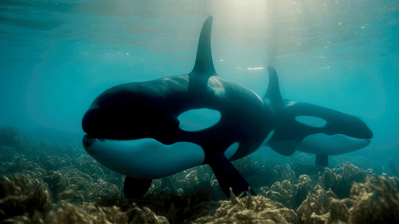 two orcas in shallow waters swimming above coral