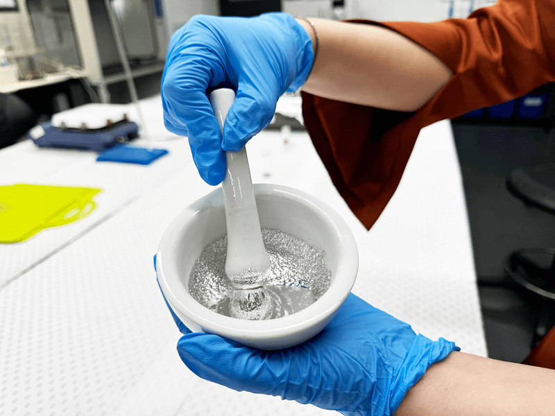 Producing gallium-copper liquid metal catalysts is so easy the lab researching it performed one stage with a hand-held mortar and pestle.