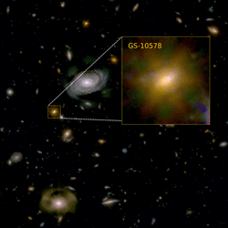 In this field GS-10578 looks like other galaxies only redder because of how fast it is moving away from us. But it's distinctive in forming no new stars because so much gas is being expelled.