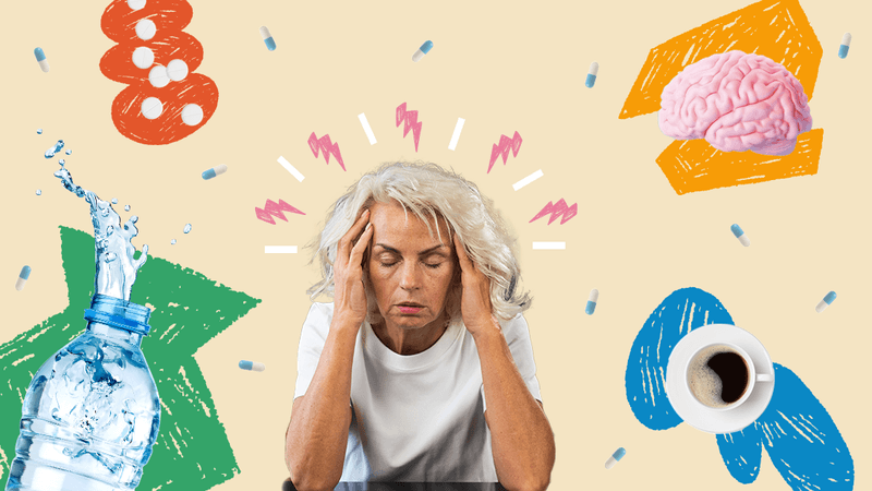 collage representing headache: woman in pain with hands on head (centre), bottle of water, cup of coffee, model of a brain, pain medication