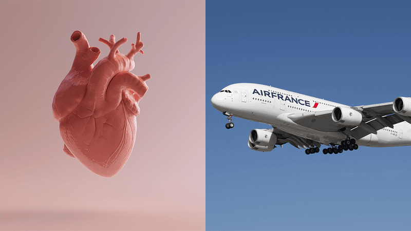 Pink Porcelain Anatomical Heart 3d illustration 3d render (left); Air France Airbus A380 (registration F-HPJD) shown approaching LAX (right)