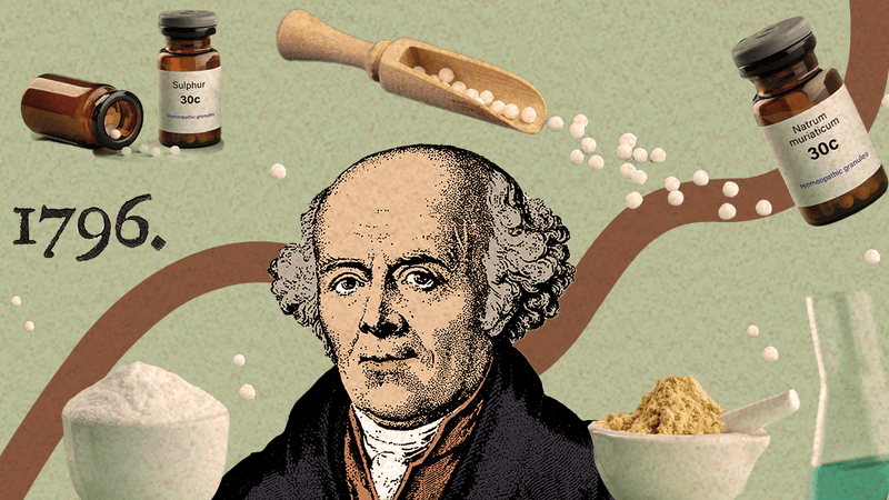 collage showing a portrait of Samuel Hahnemann, the founder of homeopathy, with some homeopathic remedies in bottles, the year 1796, some mortars and pestles with colored powders, a flask of green liquid, and wooden scoop with little white homeopathic globules