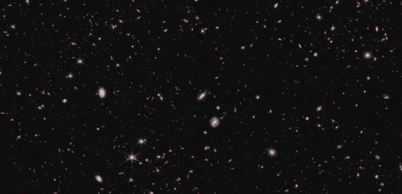 Part of the field observed by NASA’s James Webb Space Telescope’s NIRCam (Near-Infrared Camera) for the Cosmic Evolution Early Release Science (CEERS) survey. Some of these galaxies are brighter than expected, but whether that is a problem or not is not so clear..