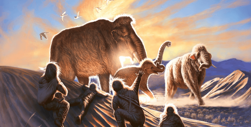 Paleoart of three mammoths being watched by a family of ancient Alaskans from the dunes near the Swan Point archaeological site, a seasonal hunting camp occupied 14,000 years ago. 