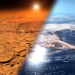 This artist’s concept depicts the early Martian environment (right) – believed to contain liquid water and a thicker atmosphere – versus the cold, dry environment seen at Mars today (left).