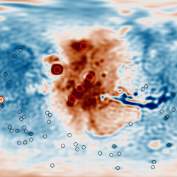 Gravity across Mars varies significantly. The red area is a high gravity area around Tharsis Province, surrounded by an unexpected low gravity region that needs explaining.