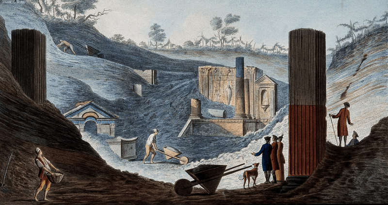 The discovery of the temple of Isis at Pompeii, buried under pumice and other volcanic matter. Coloured etching by Pietro Fabris, 1776.