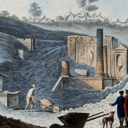 The discovery of the temple of Isis at Pompeii, buried under pumice and other volcanic matter. Coloured etching by Pietro Fabris, 1776.