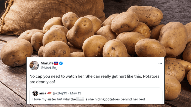 A pile of potatoes, with a tweet claiming that potatoes are "deadly asf".