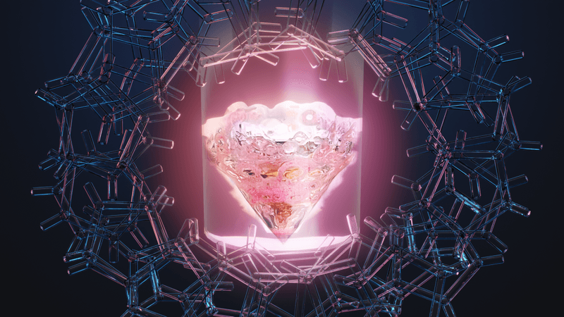 Conceptual image of promethium in a vial surrounded by the organic ligand used to stiudy its chemistry