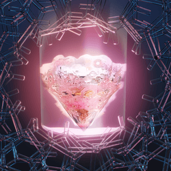 Conceptual image of promethium in a vial surrounded by the organic ligand used to stiudy its chemistry