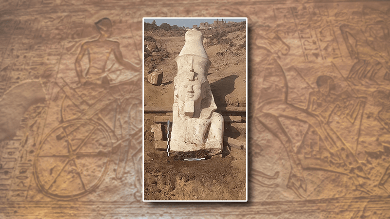 A photo of the upper portion of the newly discovered Ramesses II statue. The image depicts the pharaoh's head wearing a double crown, headdress and royal serpent. The statue portion stops around the middle of his chest and he is missing his right arm. The whole image has been superimposed on a photo of a hieroglyphic depiction of Ramesses II riding on a chariot at the battle of Kadesh in the Great Temple of Abu Simbel.