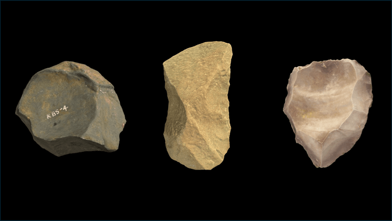 Three stones from tools, taken from three different time periods.