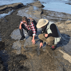 Melissa Lowery and Anthony Martin examine one of the dinosaur tracks, the finding of which was Lowery's pandemic project.