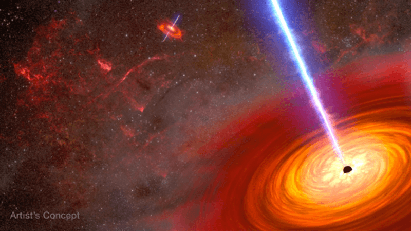 Artist's impression of the two black holes at the heart of MCG-03-34-64, each with an accretion disk and the jets being blasted out almost at light speed.