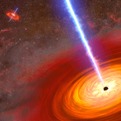 Artist's impression of the two black holes at the heart of MCG-03-34-64, each with an accretion disk and the jets being blasted out almost at light speed.