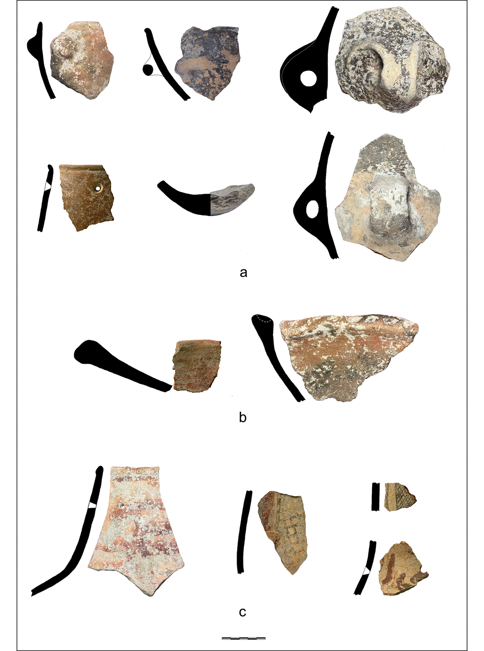 Neolithic pottery from Oued Beht: a) buff fabric bowls, jar (with post-firing hole), large tunnel lugs and round base; b) red-brown fabric cooking vessels; c) painted sherds (scale bar = 50mm) Some of the markings are elaborate in a way that was rare pre-agriculture.