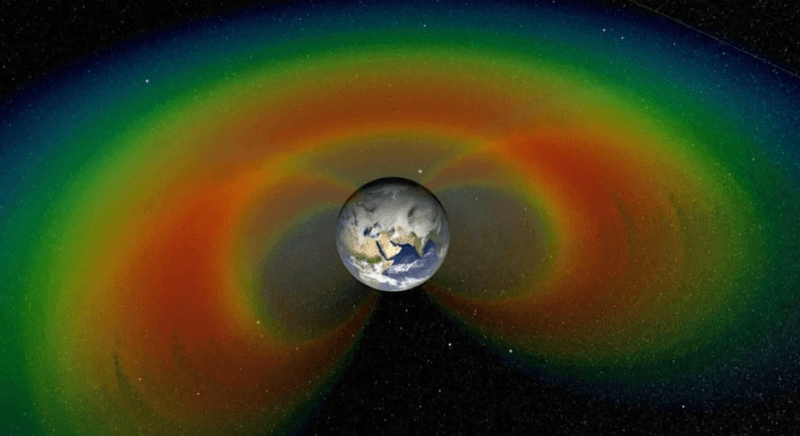 An artist’s concept of the Van Allen belts with a cutaway section of the two giant donuts of radiation that surround Earth.