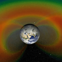 An artist’s concept of the Van Allen belts with a cutaway section of the two giant donuts of radiation that surround Earth.