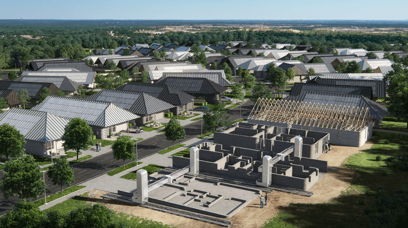 An artist's impression of the 3d printed homes at Wolf Ranch community in Texas, designed by ICON