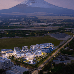 A computer-generated image of the Woven City concept with Mount Fuji in the background.